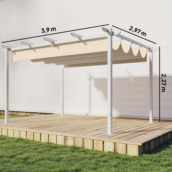 Weiße Pergola mit beigefarbenem Faltdach auf einer Holzterrasse. Maße: Breite 3,9 Meter, Tiefe 2,97 Meter, Höhe 2,27 Meter.