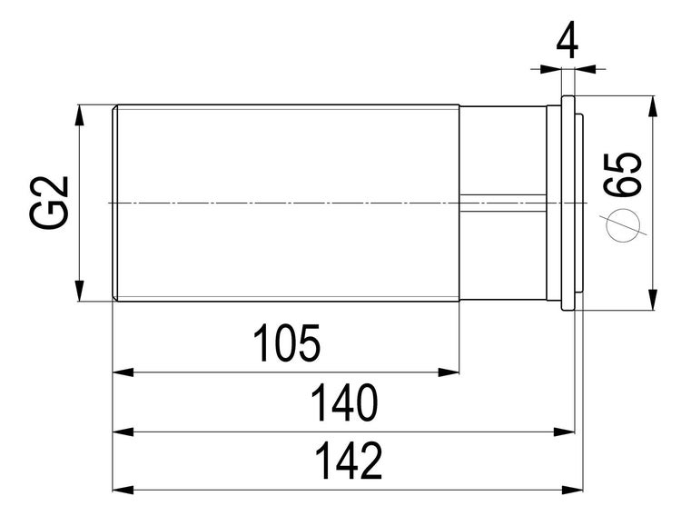 Technische Maßzeichnung einer zylindrischen Komponente mit Gewinde G2 und den Maßen 142 Millimeter Länge und 65 Millimeter Durchmesser.