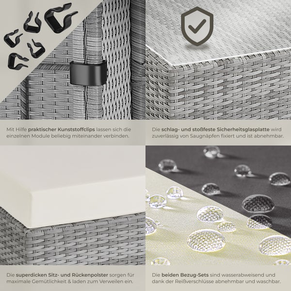 Details einer Sitzgruppe: Kunststoffclips verbinden Module, Sicherheitsglasplatte mit Saugnäpfen, dicke Sitzpolster und wasserabweisende Bezüge mit Reißverschluss.