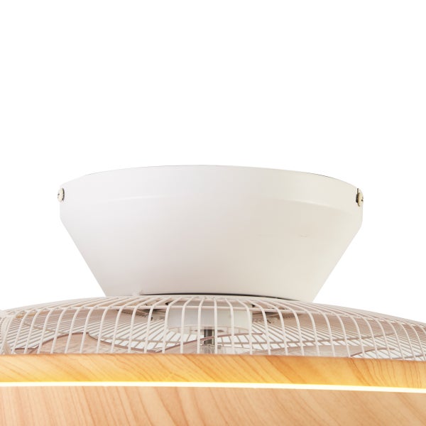 Deckenhalterung und Schutzgitter eines Deckenventilators mit Holzoptik