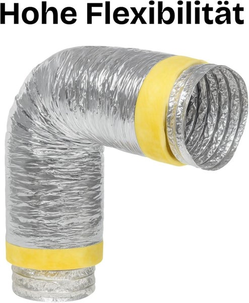 Hochflexibler, silberner, isolierter Lüftungsschlauch aus Aluminium mit gelber Isolierung, um 90 Grad gebogen.
