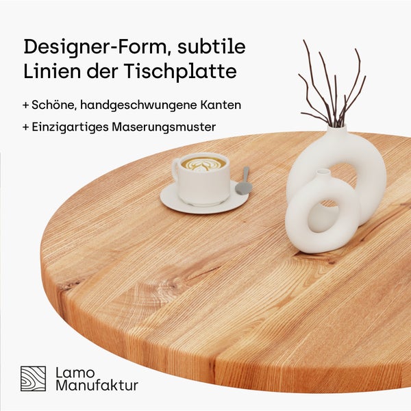 Runde Holz-Tischplatte mit handgeschwungenen Kanten und natürlicher Maserung. Lamo Manufaktur Logo.