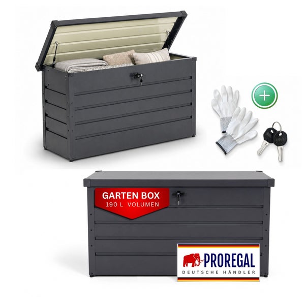 Gartenbox aus Metall, 190 Liter Volumen, abschließbar inklusive Schlüssel und Arbeitshandschuhe, Proregal Logo.