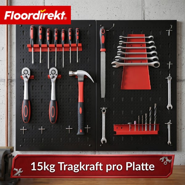 Floordirekt Logo. Zwei schwarze Lochwandplatten mit Werkzeughaltern, Schraubendrehern, Hammer und Bohrer. Tragkraft 15 Kilogramm pro Platte.