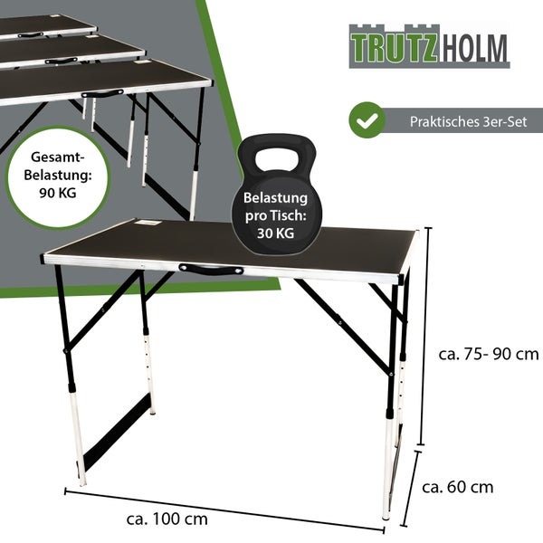 Trutzholm Klapptisch 3er Set mit den Maßen circa 100 x 60 x 75 bis 90 cm und einer Traglast von 30 kg pro Tisch