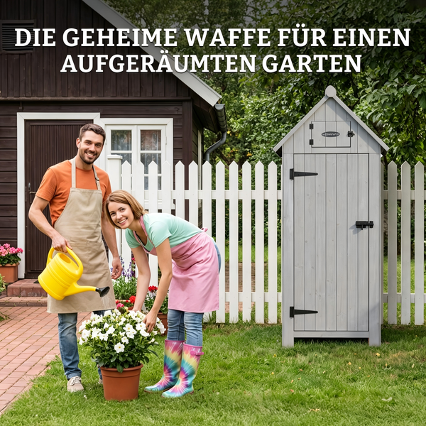 Paar bei der Gartenarbeit neben einem grauen Gartenschrank aus Holz vor einem weißen Lattenzaun.