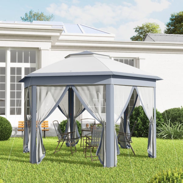 Outsunny Gartenpavillon Faltpavillon 4 x 4 m Pop-Up-Zelt Partyzelt inkl. Tragetasche 6 Seitenteile Doppeldach sechseckig Grau