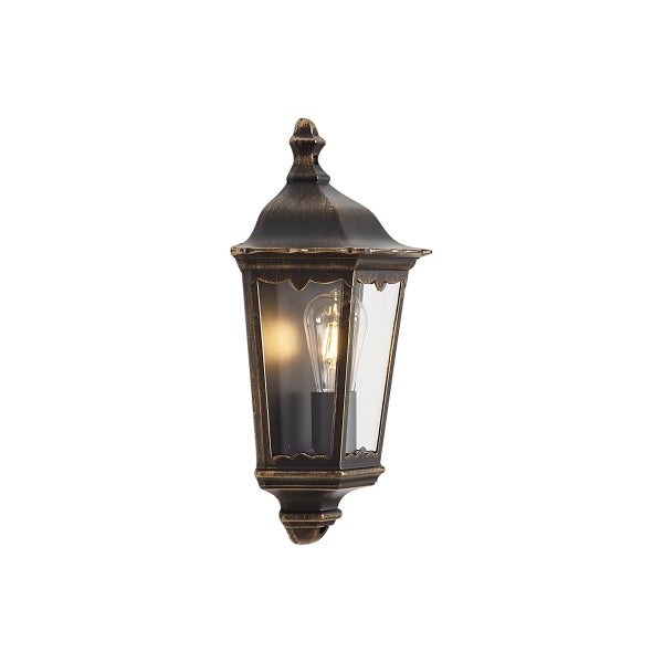 Außenwandleuchte im antiken Laternen-Stil aus Metall und Glas mit bronzefarbener Oberfläche.