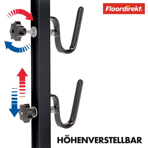 Höhenverstellbare Halterung mit Drehknöpfen und Pfeilen zur Veranschaulichung der Verstellbarkeit