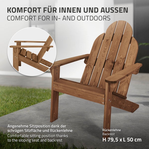 ECD Germany Adirondack-Stuhl 2er Set aus Tannenholz Massiv, 92,5x70x89 cm, Braun, Gartenstuhl mit Rückenlehne & Armlehnen, Holzstuhl, Wetterfeste Gartensessel, Relaxstuhl für Balkon, Garten, Strand