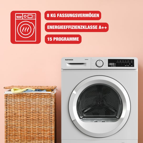 Telefunken Wärmepumpentrockner für 8 kg Wäsche Trockner Frontlader Wäschetrockner mit Knitterschutz leise TWP8CW