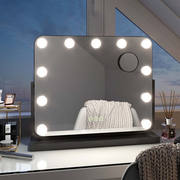 EMKE Hollywood Kosmetikspiegel mit Beleuchtung 50×42 cm, Touchschalter, 7x Zoom, 3 dimmbare Lichtfarben, 360° drehbar, Schwarz