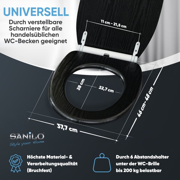 Sanilo Toilettensitz mit verstellbaren Scharnieren und Maßangaben