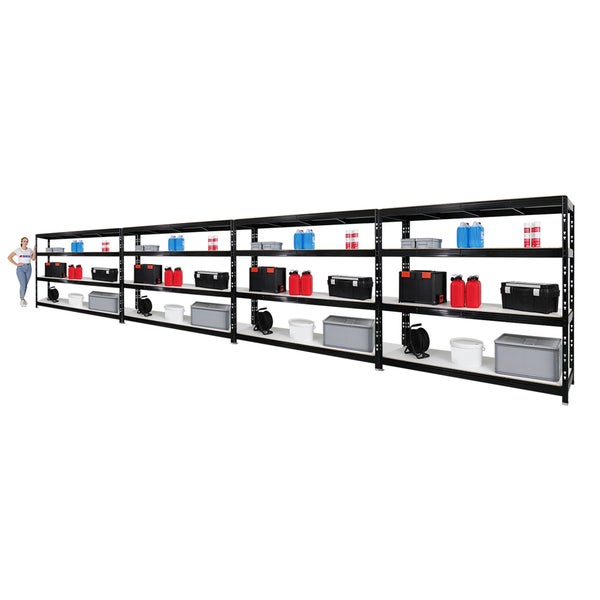 PROREGAL Mega Deal 4x Profi Schwerlastregal Rhino HxBxT 180 x 200 x 60 cm 4 Melamin-Ebenen 16mm Fachlast 500 kg Schwarz