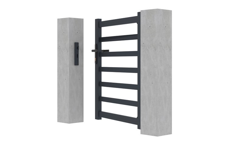 Anthrazitfarbenes Gartentor aus Metall mit horizontalen Querstreben, montiert zwischen zwei Säulen in Betonoptik.