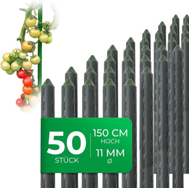 Set aus 50 Stück Tomatenstangen, 150 Zentimeter hoch, 11 Millimeter Durchmesser, strukturierte Oberfläche als Rankhilfe für Tomatenpflanzen.