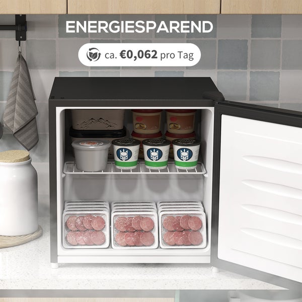 Energiesparender Mini-Kühlschrank in einer Küche, gefüllt mit Lebensmitteln, mit einem Kostenhinweis von circa 0,062 Euro pro Tag.