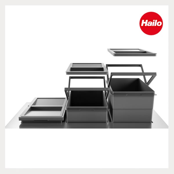 Hailo Logo. Hailo Mülltrennsystem mit drei grauen Kunststoffbehältern in verschiedenen Größen, teils mit Tragebügeln und passenden Deckeln.