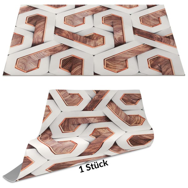 Fototapete mit 3D-Muster, ineinander verschlungene weiße Bänder mit Holzoptik und kupferfarbenen Kanten, 1 Stück.