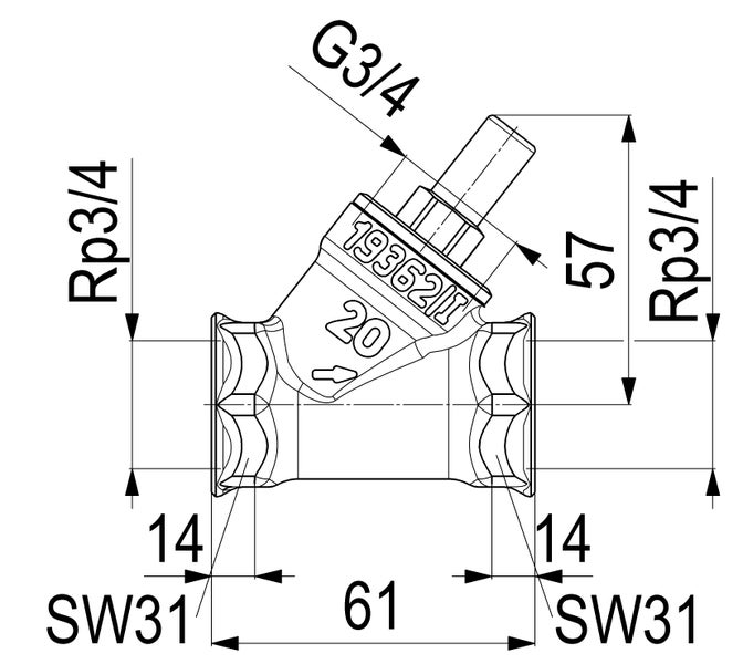Technische Zeichnung eines Schrägsitzventils mit Maßen in Millimetern und Gewindeanschlüssen Rp 3/4 Zoll sowie G 3/4 Zoll.
