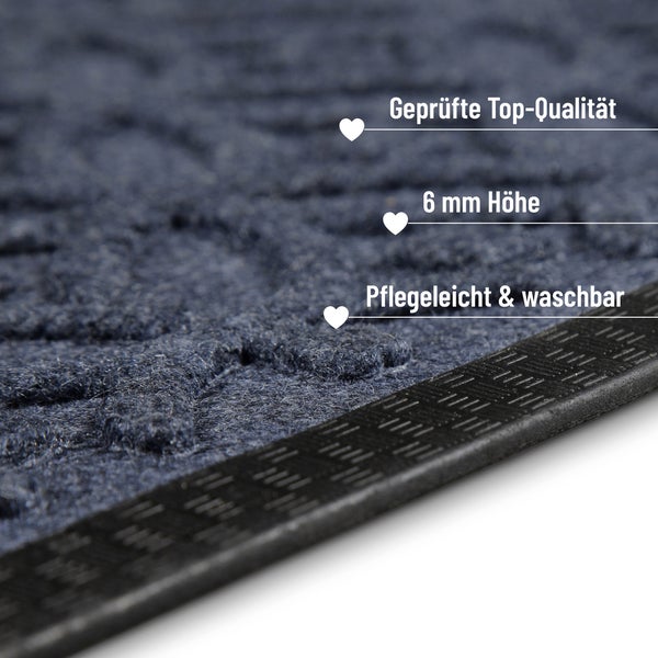 Nahaufnahme einer strukturierten Matte mit 6 Millimeter Höhe. Geprüfte Top-Qualität, pflegeleicht und waschbar.
