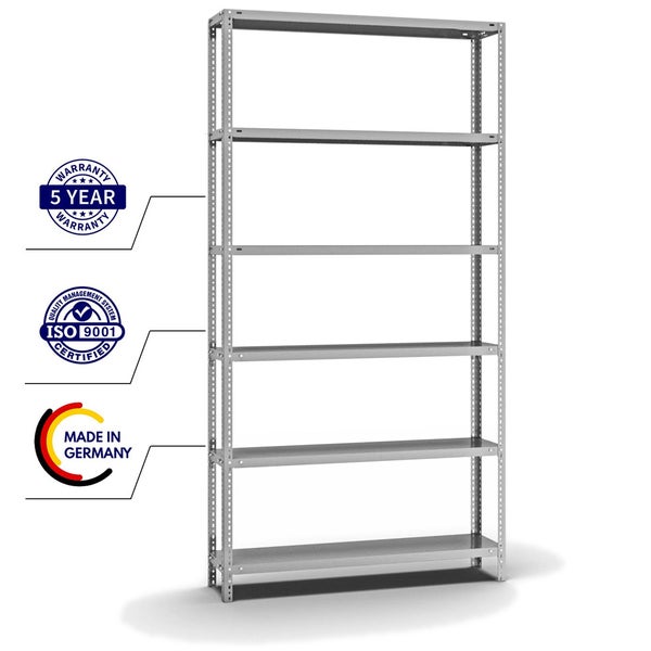 PROREGAL Fachbodenregal Schraubsystem Light-Duty Grundregal HxBxT 250 x 130 x 30 cm 6 Ebenen Fachlast 125 kg Beidseitig Nutzbar Verzinkt