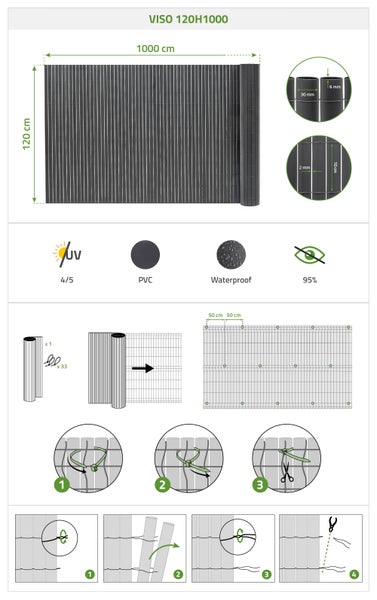 PVC Sichtschutzmatte Viso 120 mal 1000 Zentimeter mit Montageanleitung und Kabelbindern für den Garten.