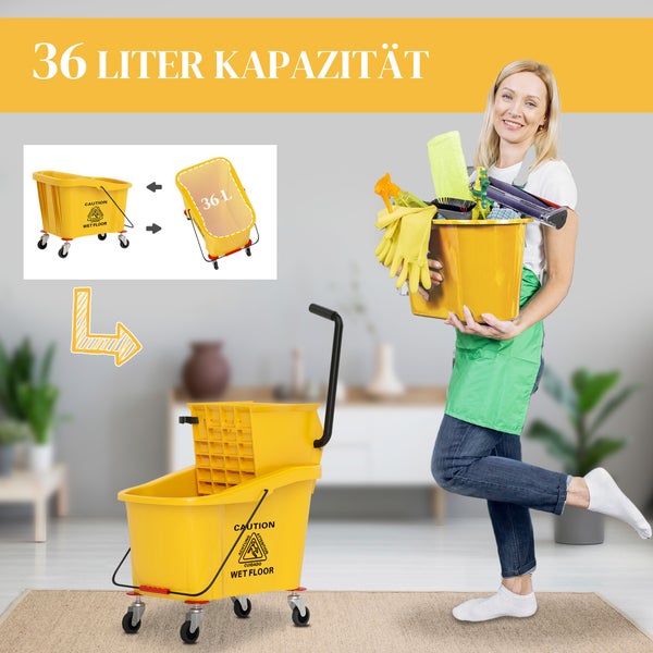HOMCOM Putzwagen Reinigungswagen 36 Liter Eimer mit Presse, Haushaltswagen mit Mopp und Griff für Gebäudereinigung, Büroreinigung Gelb
