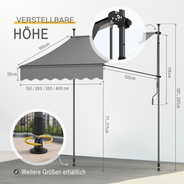 Graue Klemmmarkise mit verstellbarer Höhe von 197 bis 297 Zentimeter. Grafik zeigt verschiedene Breiten und Details der Montagefüße.