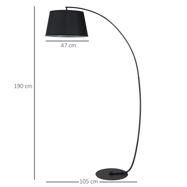 Bogenlampe mit Maßen: Höhe 190 cm, Schirmdurchmesser 47 cm, Fußdurchmesser 105 cm