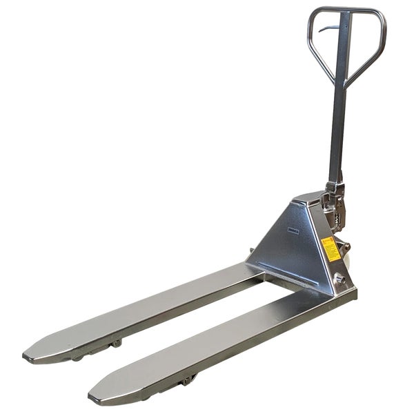 Manueller Gabelhubwagen aus Edelstahl mit einer Tragkraft von 2000 Kilogramm.