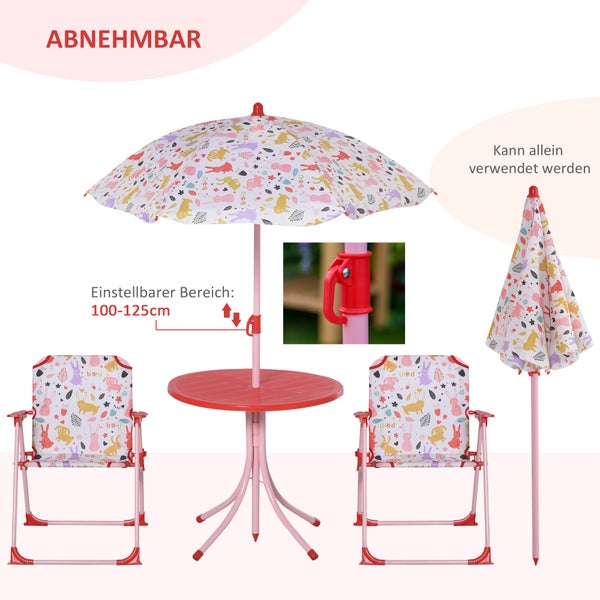 Outsunny 4tlg. Kindersitzgruppe, Gartentisch mit 2 Klappstühle, für 3-5 Jahre, 50L x 50B x 46H cm, Metall, Polyester, Rot