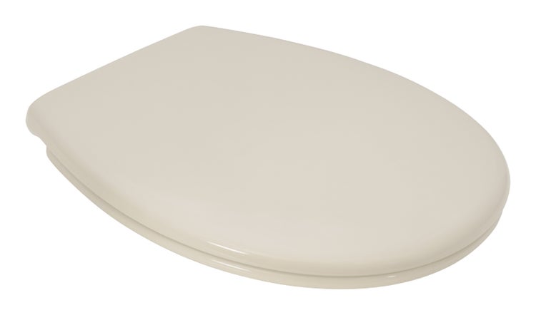 Ein geschlossener WC Sitz mit Deckel in ovaler Form aus Kunststoff.
