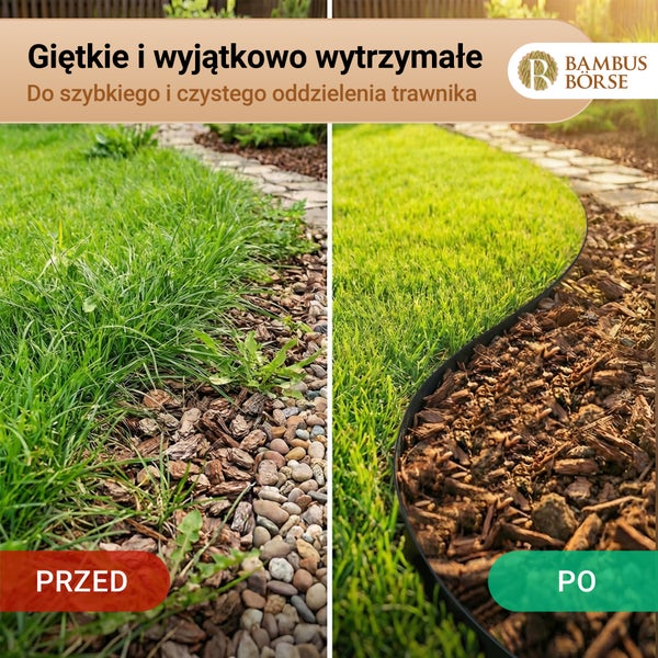 Vorher-Nachher-Vergleich einer flexiblen Rasenkante zur Trennung von Rasen und Mulch im Garten. Bambus Börse Logo.