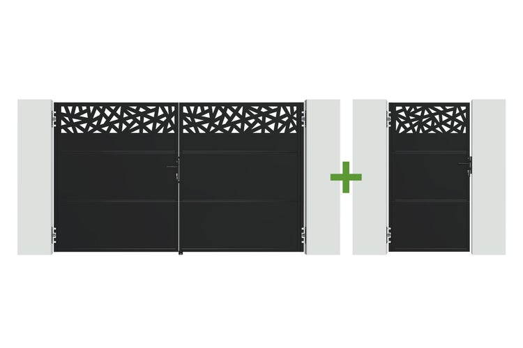 Set aus schwarzem zweiflügeligem Einfahrtstor und schwarzer Gartentür mit lasergeschnittenem geometrischem Muster.