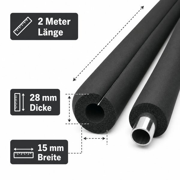 Rohrisolierung aus Schaumstoff, 2 Meter lang, 28 Millimeter Wandstärke und 15 Millimeter Innendurchmesser zur Wärmedämmung von Heizungsrohren.