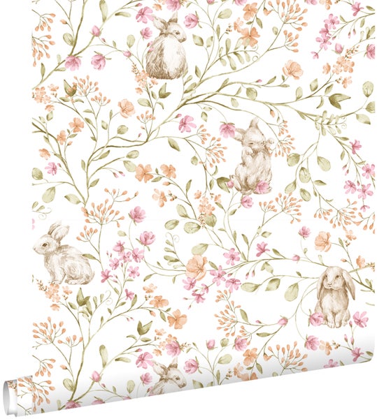 Tapetenrolle mit Hasen und Blumenmuster