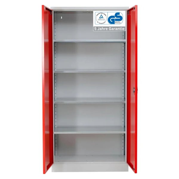 PROREGAL Stahlschrank Bee 10 Fachböden HxBxT 195 x 92 x 60 cm Verzinktes & Verstärktes Fachbodenmaterial Grau & Rot
