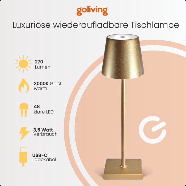 Goliving Tischlampe Wiederaufladbar – Kabellos und dimmbar – Moderne Touch-Lampe – Nachtlampe Schlafzimmer – 38 cm – Gold