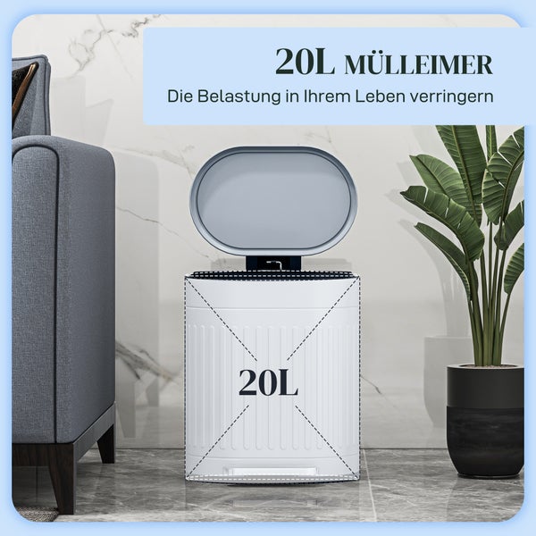 20 Liter Tretmülleimer mit offenem Deckel in einem modernen Wohnraum neben einem Sofa und einer Zimmerpflanze.