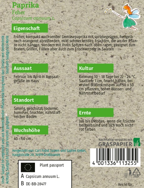 Rückseite der Samentüte für Paprika Feher mit Anbauhinweisen zu Aussaat, Standort und Ernte.