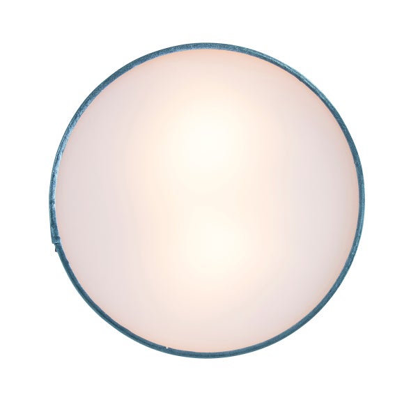 Runde Deckenleuchte mit Samtrand und weißem Diffusor, beleuchtet.