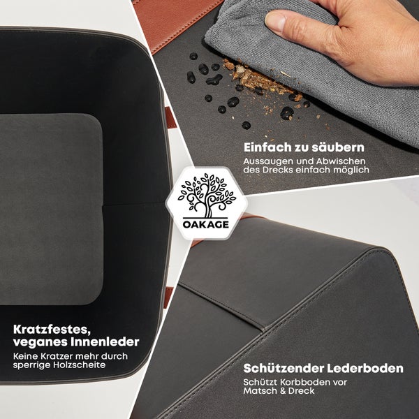 OAKAGE® LuxeLeather Duo Holzkorb Veganes Leder - mit ausreißsicheren Holzgriffen - 50x40x35cm