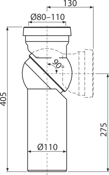 Technische Zeichnung eines WC-Anschlussbogens mit Maßen: Gesamthöhe 405 Millimeter, Durchmesser 80 bis 110 Millimeter, Winkel 90 Grad.