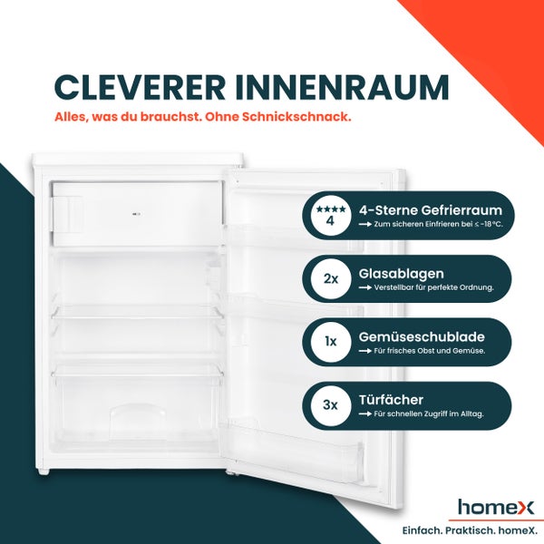 homeX Kühlschrank mit Gefrierfach klein Mini Kühl-Gefrierkombination 109 Liter freistehend 4-Sterne Gefrieren weiß