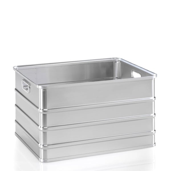 Robuste Aluminiumbox mit Griffen und horizontalen Sicken für Lagerung und Transport.
