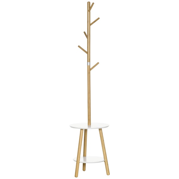 HOMCOM Garderobenständer, Kleiderständer, Standgarderobe mit 5 Kleiderhaken, Garderobe mit Beistelltisch, für Jacken, Hüte, Flur, Eingangsbereich, 171 cm Hoch, Natur+Weiß
