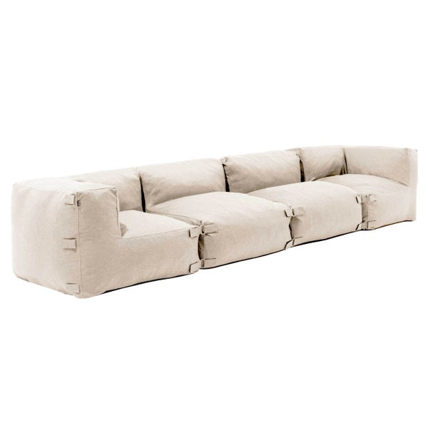 Modulares Gartensofa beige, vierteilig, aus strapazierfähigem Textil für den Außenbereich.
