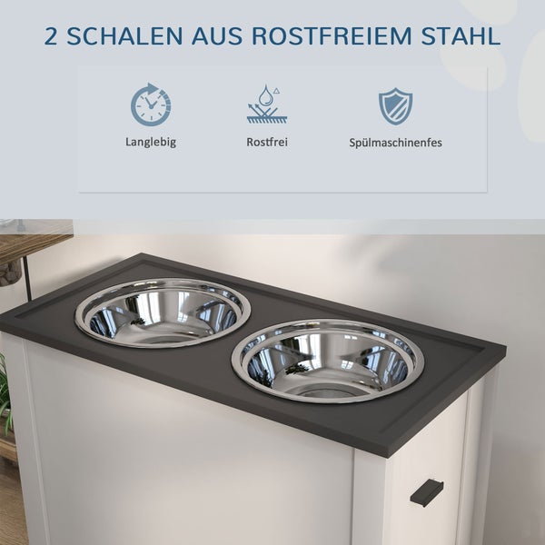 PawHut Hundenapf, Hunde Futterstation mit Stauraum, Wassernapf, Napfständer mit 2 L Edelstahlschüsseln, Hundenapfständer, Fressnapf für Große Hunde, Weiß