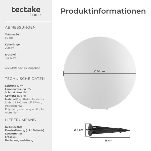 tectake Luminous Globe Kugelleuchte Luminous Globe, LED, mit Fernbedienung inklusive Erdspieß weiß
